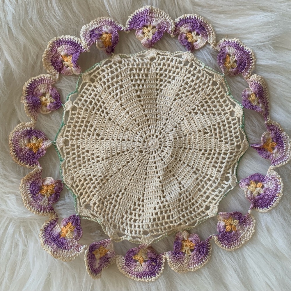 Handmade Crochet Doily with Purple Flowers - Picture 1 of 13